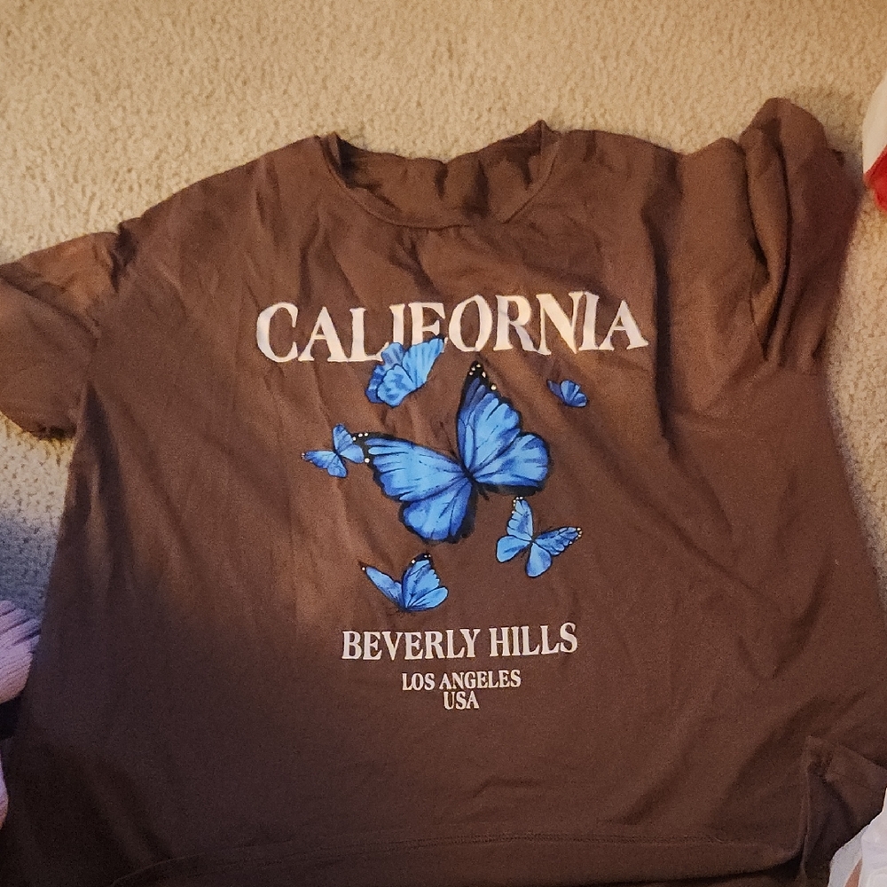 SHEIN Brown Tee with Blue Butterfly Print